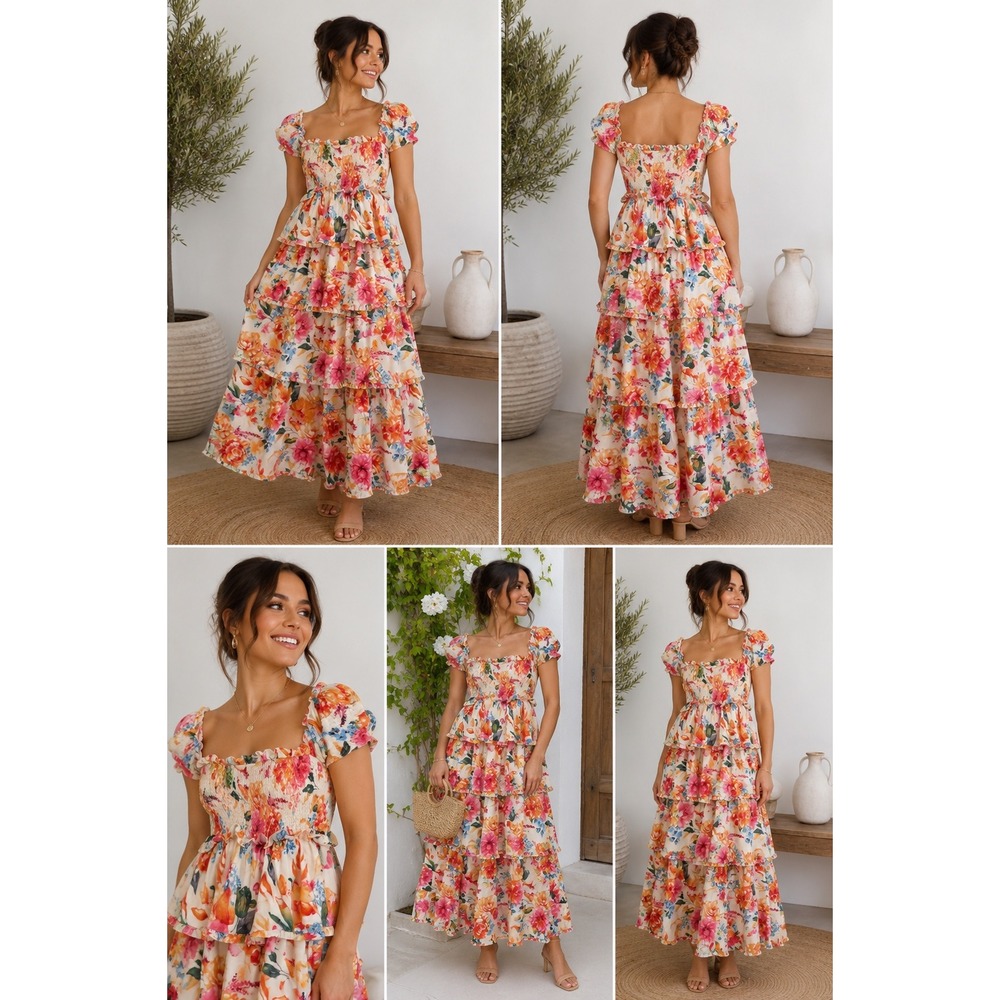 Buddy Love Elena Floral Smocked Tiered Ruffle Midi Dress Multi Color Medium